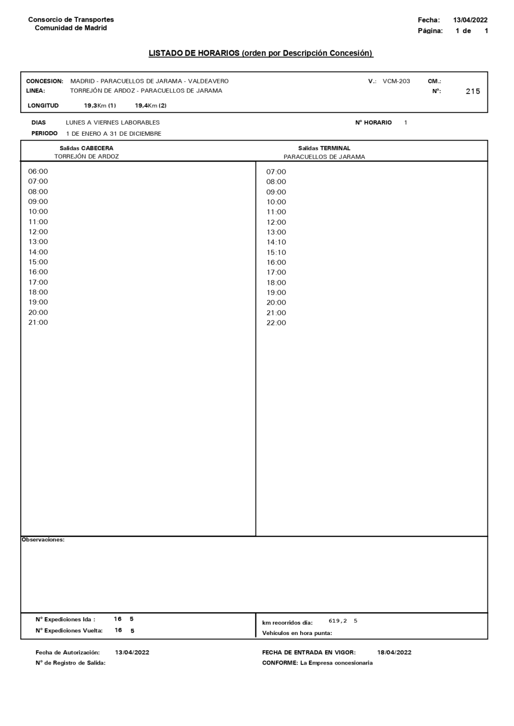 CAMBIO DE HORARIOS EN LA LINEA DE AUTOBUSES 215