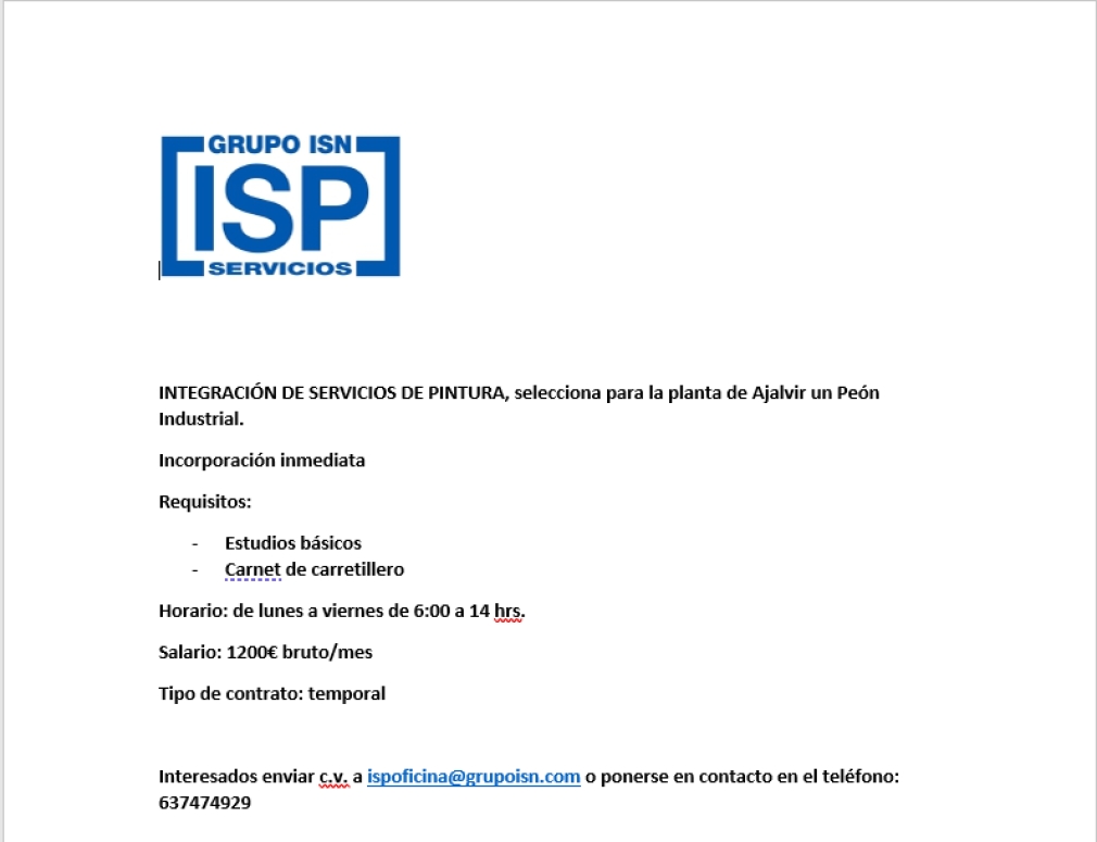 INTEGRACIÓN DE SERVICIOS DE PINTURA, selecciona para la planta de Ajalvir un Peón Industrial.