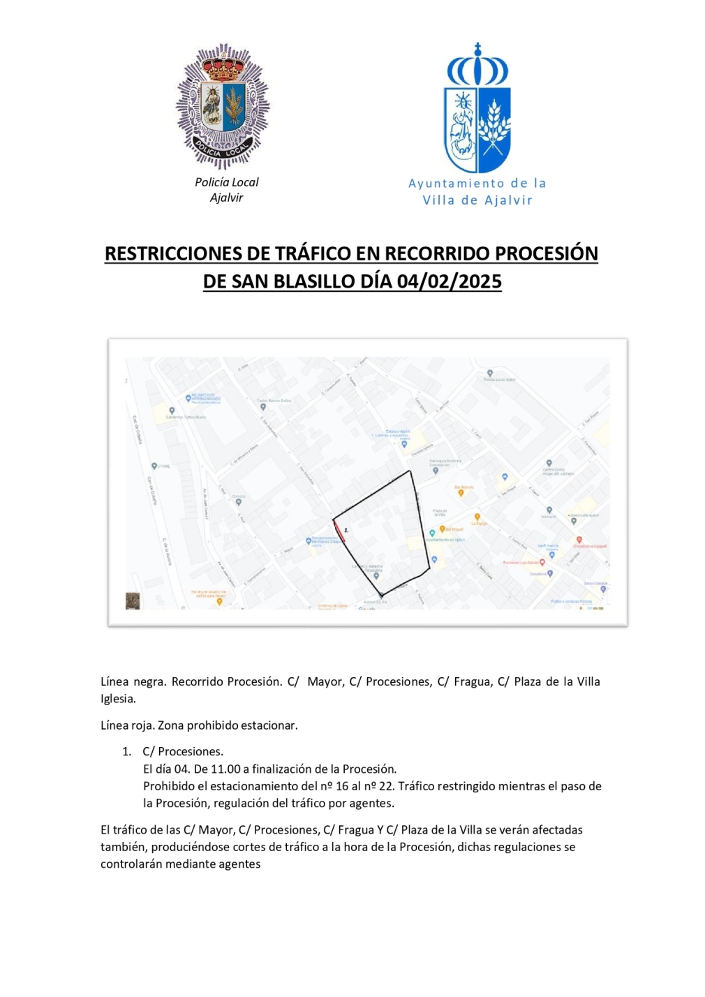 RESTRICCIONES AL TRÁFICO PROCESIÓN SAN BLASILLO